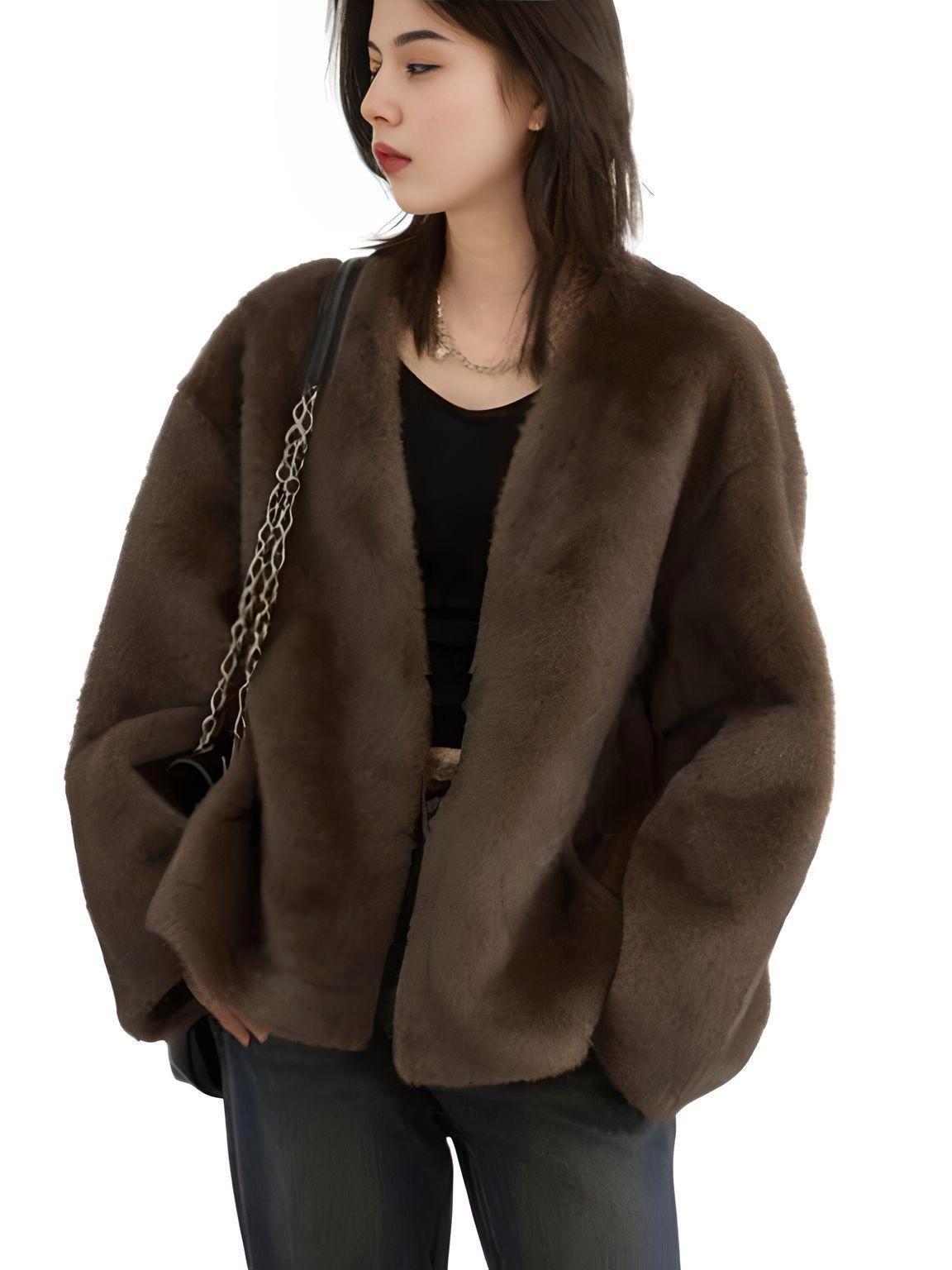 Women's Plush Jacket Loose Casual Solid Overcoat Female Coat V-Neck Woman Outerwear Autumn Winter, Drestiny, Coats, Jackets, One Size, Long Sleeves, Coffee, Dark Brown, Beige, shopdrestiny.com, women's coats, women's jackets, plush coats, women's plush coats, united states, united kingdom, australia
