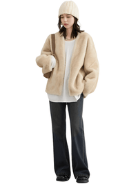 Thumbnail for Women's Plush Jacket Loose Casual Solid Overcoat Female Coat V-Neck Woman Outerwear Autumn Winter, Drestiny, Coats, Jackets, One Size, Long Sleeves, Coffee, Dark Brown, Beige, shopdrestiny.com, women's coats, women's jackets, plush coats, women's plush coats