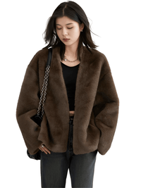 Thumbnail for Women's Plush Jacket Loose Casual Solid Overcoat Female Coat V-Neck Woman Outerwear Autumn Winter, Drestiny, Coats, Jackets, One Size, Long Sleeves, Coffee, Dark Brown, Beige, shopdrestiny.com, women's coats, women's jackets, plush coats, women's plush coats, united states, united kingdom, australia