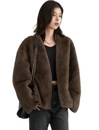 Thumbnail for Women's Plush Jacket Loose Casual Solid Overcoat Female Coat V-Neck Woman Outerwear Autumn Winter, Drestiny, Coats, Jackets, One Size, Long Sleeves, Coffee, Dark Brown, Beige, shopdrestiny.com, women's coats, women's jackets, plush coats, women's plush coats
