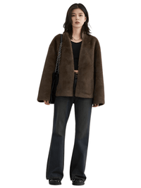 Thumbnail for Women's Plush Jacket Loose Casual Solid Overcoat Female Coat V-Neck Woman Outerwear Autumn Winter, Drestiny, Coats, Jackets, One Size, Long Sleeves, Coffee, Dark Brown, Beige, shopdrestiny.com, women's coats, women's jackets, plush coats, women's plush coats
