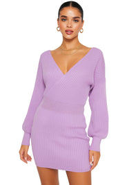 Thumbnail for Woman wearing a mini purple sweater dress on a white background