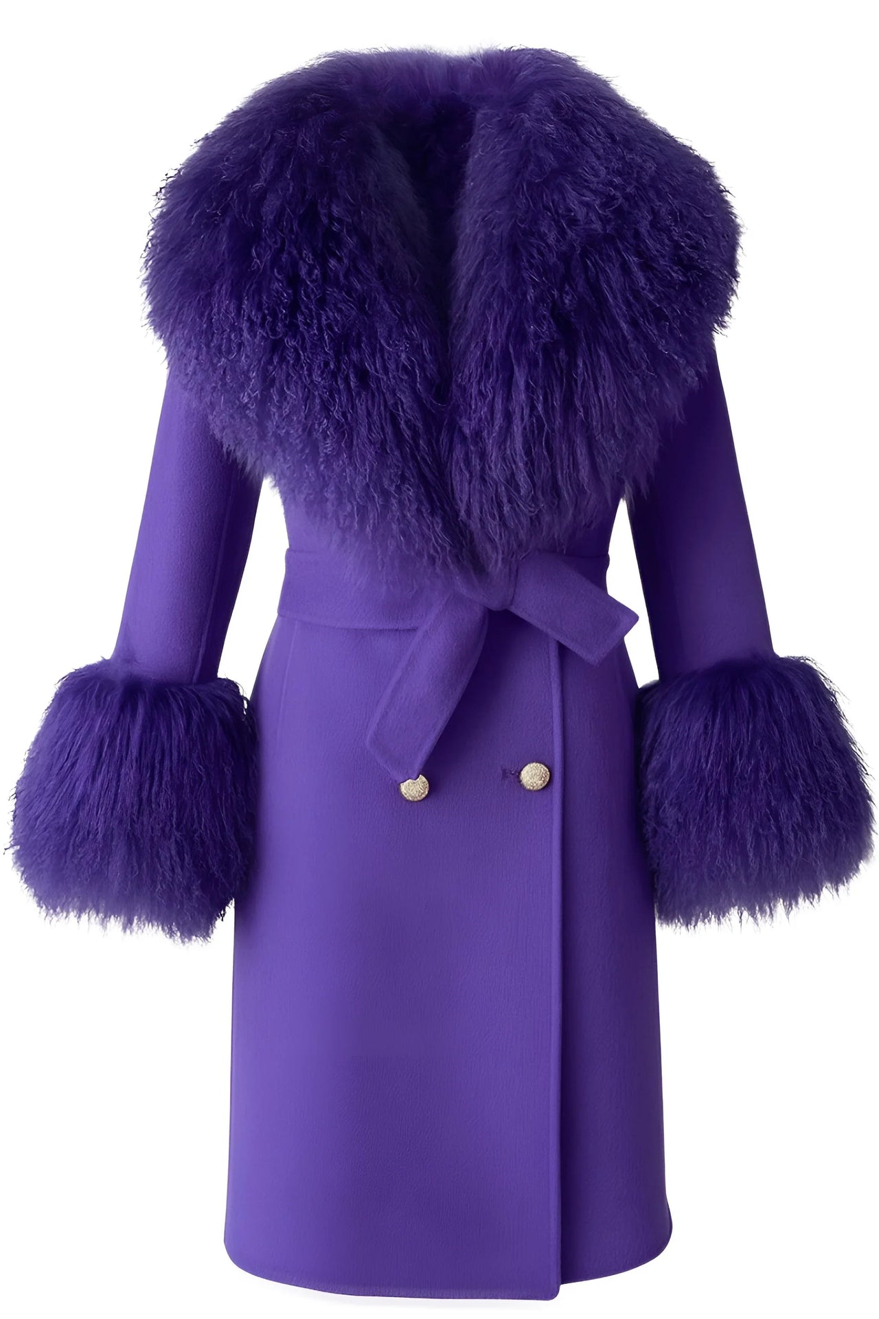 Purple wool and cashmere coat with fur trim on a white background