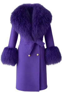 Thumbnail for Purple wool and cashmere coat with fur trim on a white background