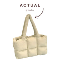 Thumbnail for Khaki quilted tote bag on a white background with 'Actual photo' text and arrow.
