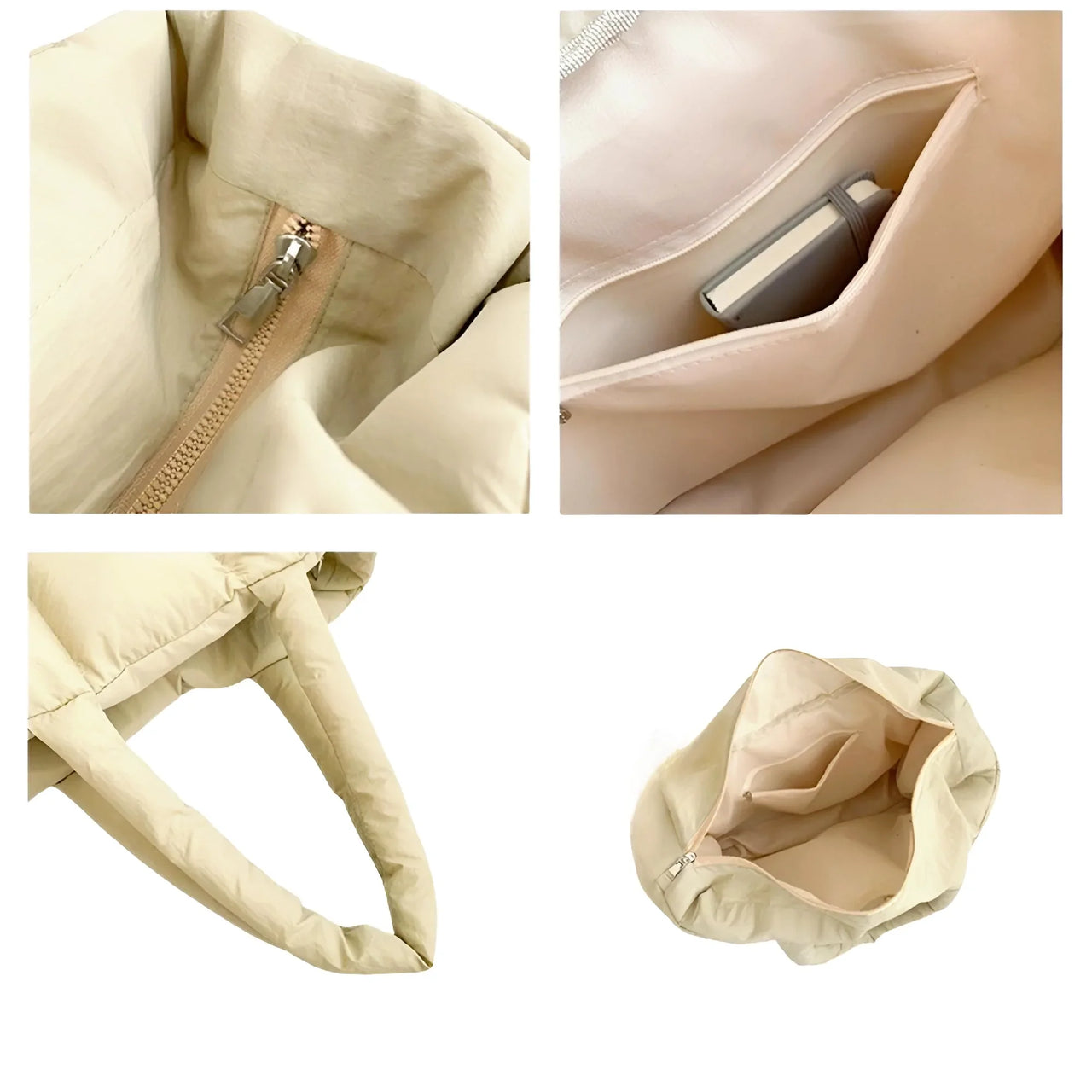 Collage of khaki quilted tote bag details including zipper, pocket, interior, and handle.
