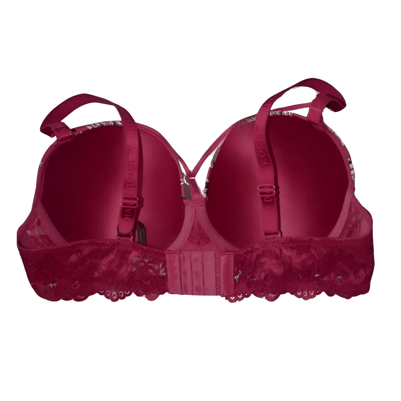 Red bra with lace details on a white background