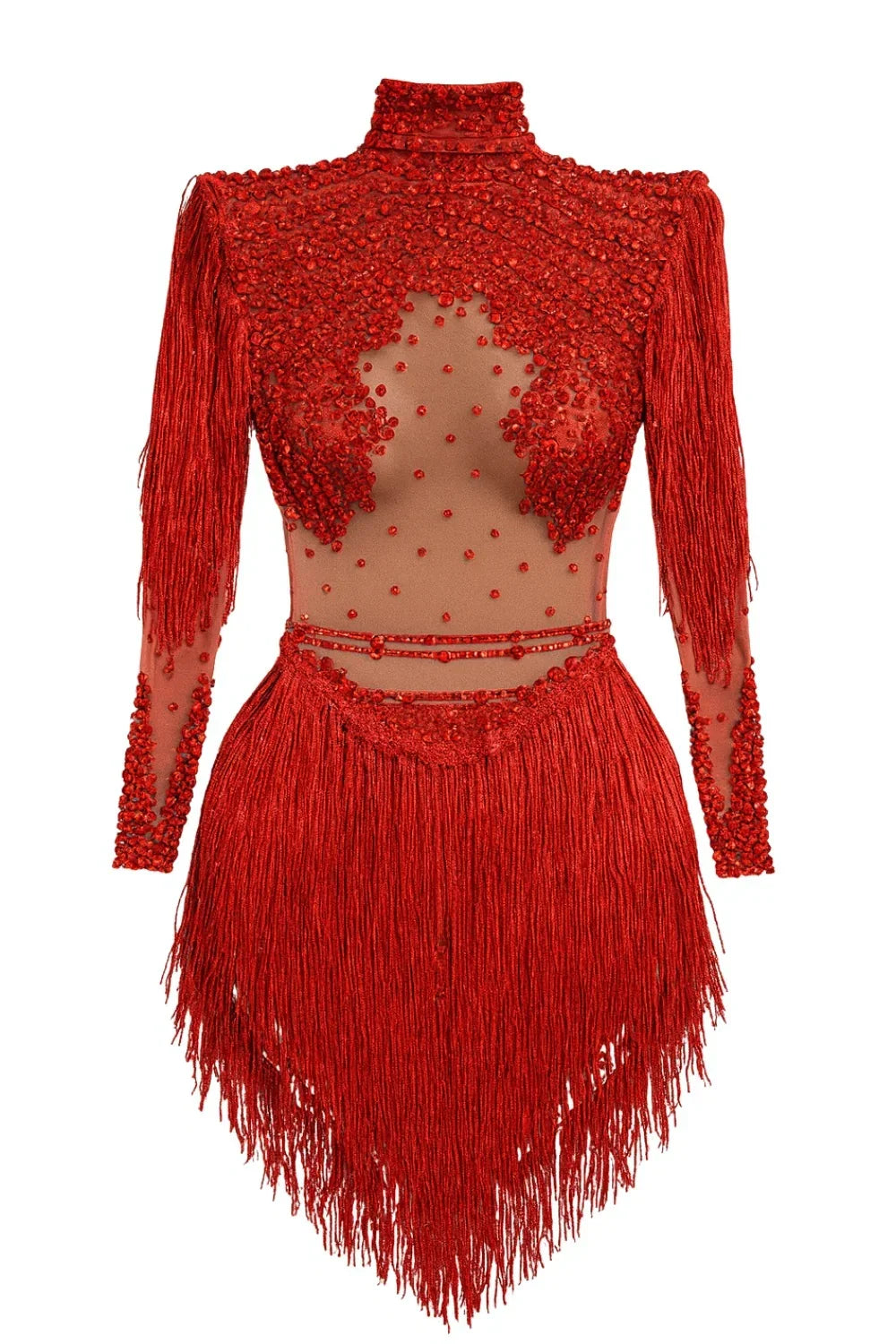 Red fringe dress with sheer top on a white background