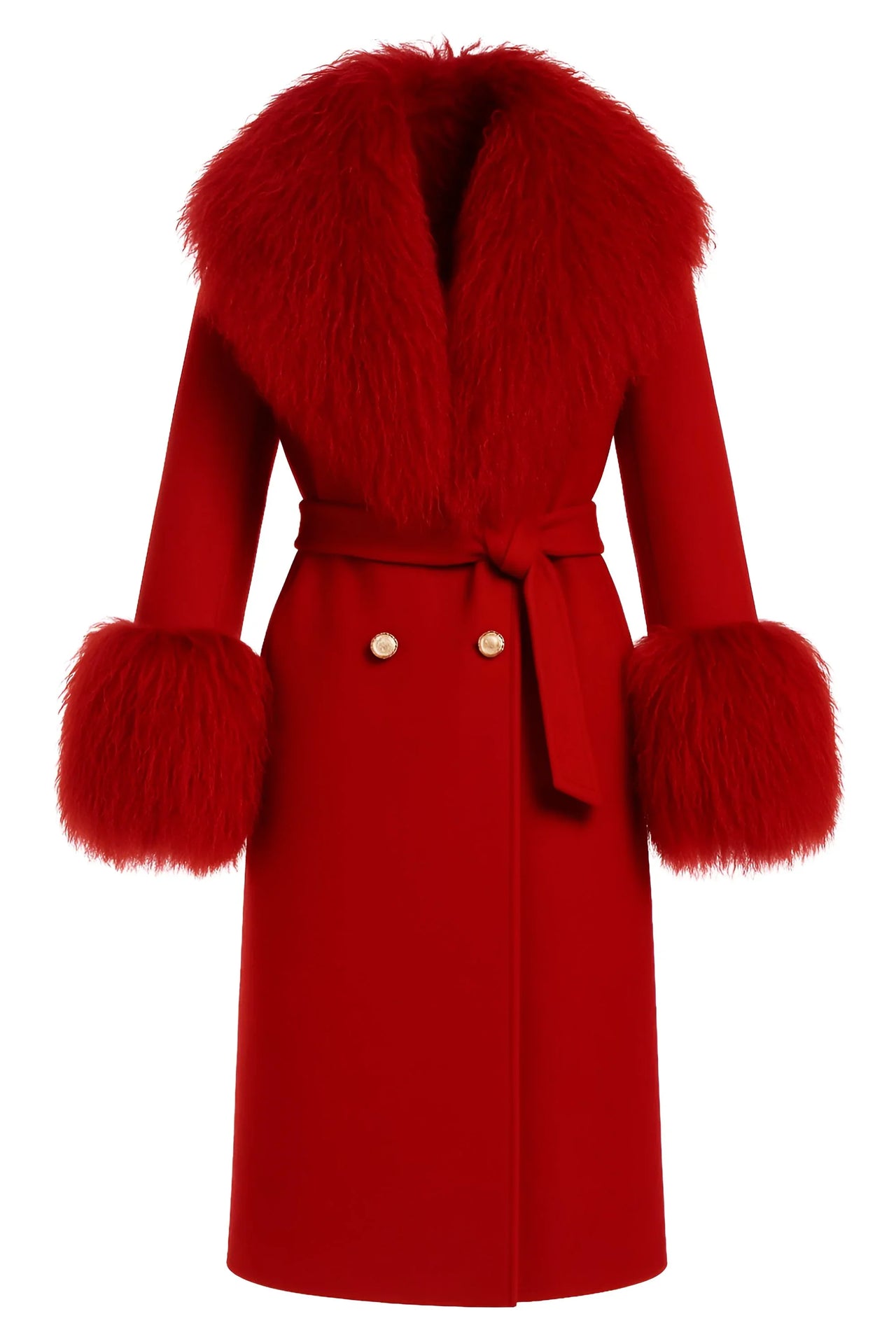 Red wool and cashmere coat with fur trim on a white background