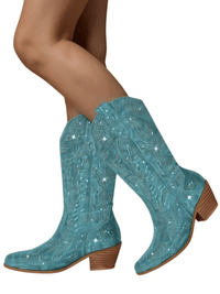 Thumbnail for Women's Rhinestone Cowgirl Boots Side Zipper Knee High Boots Rhinestone Booties Glitter Bling Shiny Western Pointed Toe Block Heel Boots, Drestiny, United States, Boots, Heels, Cowirl Boots, USA, Australia, Canada, New Zealand, United Kingdom, UK, 5, 6, 7, 8, 9, 10, 11, 12, 13, 14, 15, Grey, Pink, Black-Red, Black, Pink-White, Green, Blue, White-Silver, rhinestone cowboy boots women, sparkly cowboy boots, rhinestone cowgirl boots, crystal cowboy boots, rhinestone embellished cowboy boots,shopdrestiny.com