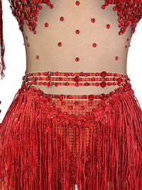 Thumbnail for Red beaded and fringed top and skirt set on a plain background