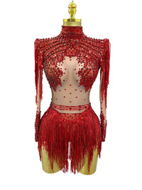 Thumbnail for Women's Rhinestone Sequin Bodysuit 2025 Tassel Birthday Party Nightclub Stage Performance Costume, Drestiny, Long sleeves, Mini Dresses, Bodysuits, XS, S, M, L, XL, United States, USA, Canada, Australia, New Zealand, United Kingdom, UK, Silver, White, Red, Hot Red, Gold, sequin bodysuit, rhinestone bodysuit, Clubwear Bodysuit, sparkly bodysuit, Glitter Bodysuit Women's, shopdrestiny.com