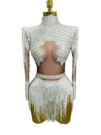 Thumbnail for Women's Rhinestone Sequin Bodysuit 2025 Tassel Birthday Party Nightclub Stage Performance Costume, Drestiny, Long sleeves, Mini Dresses, Bodysuits, XS, S, M, L, XL, United States, USA, Canada, Australia, New Zealand, United Kingdom, UK, Silver, White, Red, Hot Red, Gold, sequin bodysuit, rhinestone bodysuit, Clubwear Bodysuit, sparkly bodysuit, Glitter Bodysuit Women's, shopdrestiny.com