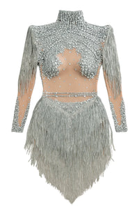 Thumbnail for Women's Rhinestone Sequin Bodysuit 2025 Tassel Birthday Party Nightclub Stage Performance Costume, Drestiny, Long sleeves, Mini Dresses, Bodysuits, XS, S, M, L, XL, United States, USA, Canada, Australia, New Zealand, United Kingdom, UK, Silver, White, Red, Hot Red, Gold, sequin bodysuit, rhinestone bodysuit, Clubwear Bodysuit, sparkly bodysuit, Glitter Bodysuit Women's, shopdrestiny.com