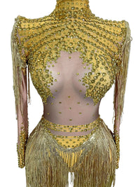 Thumbnail for Women's Rhinestone Sequin Bodysuit 2025 Tassel Birthday Party Nightclub Stage Performance Costume