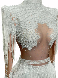 Thumbnail for Women's Rhinestone Sequin Bodysuit 2025 Tassel Birthday Party Nightclub Stage Performance Costume, Drestiny, Long sleeves, Mini Dresses, Bodysuits, XS, S, M, L, XL, United States, USA, Canada, Australia, New Zealand, United Kingdom, UK, Silver, White, Red, Hot Red, Gold, sequin bodysuit, rhinestone bodysuit, Clubwear Bodysuit, sparkly bodysuit, Glitter Bodysuit Women's, shopdrestiny.com