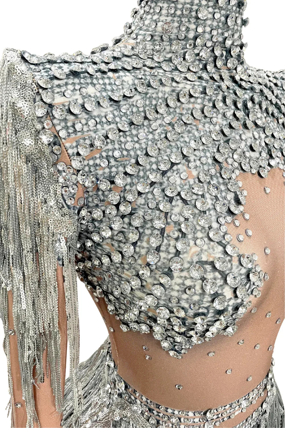 Silver sequin and fringe costume on a white background