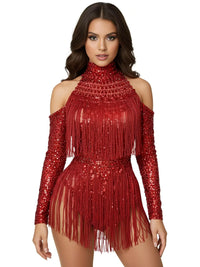 Thumbnail for Women's Rhinestone Sequin Bodysuit 2025 Tassel Birthday Party Nightclub Stage Performance Costume, Drestiny, Long sleeves, Mini Dresses, Bodysuits, XS, S, M, L, XL, United States, USA, Canada, Australia, New Zealand, United Kingdom, UK, Silver, White, Red, Hot Red, Gold, sequin bodysuit, rhinestone bodysuit, Clubwear Bodysuit, sparkly bodysuit, Glitter Bodysuit Women's, shopdrestiny.com