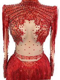 Thumbnail for Women's Rhinestone Sequin Bodysuit 2025 Tassel Birthday Party Nightclub Stage Performance Costume, Drestiny, Long sleeves, Mini Dresses, Bodysuits, XS, S, M, L, XL, United States, USA, Canada, Australia, New Zealand, United Kingdom, UK, Silver, White, Red, Hot Red, Gold, sequin bodysuit, rhinestone bodysuit, Clubwear Bodysuit, sparkly bodysuit, Glitter Bodysuit Women's, shopdrestiny.com