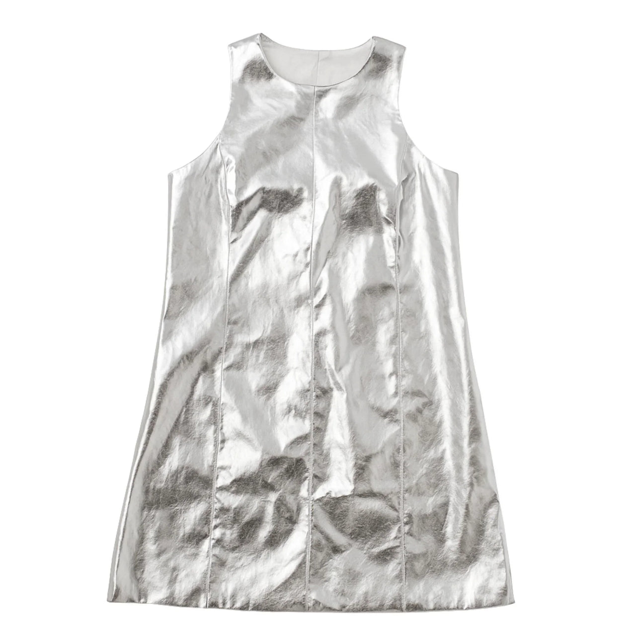 Silver metallic sleeveless dress on a white background