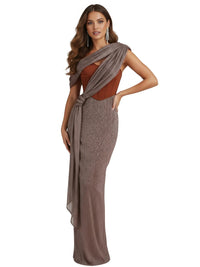 Thumbnail for Woman wearing a brown evening gown with a draped effect on a white background