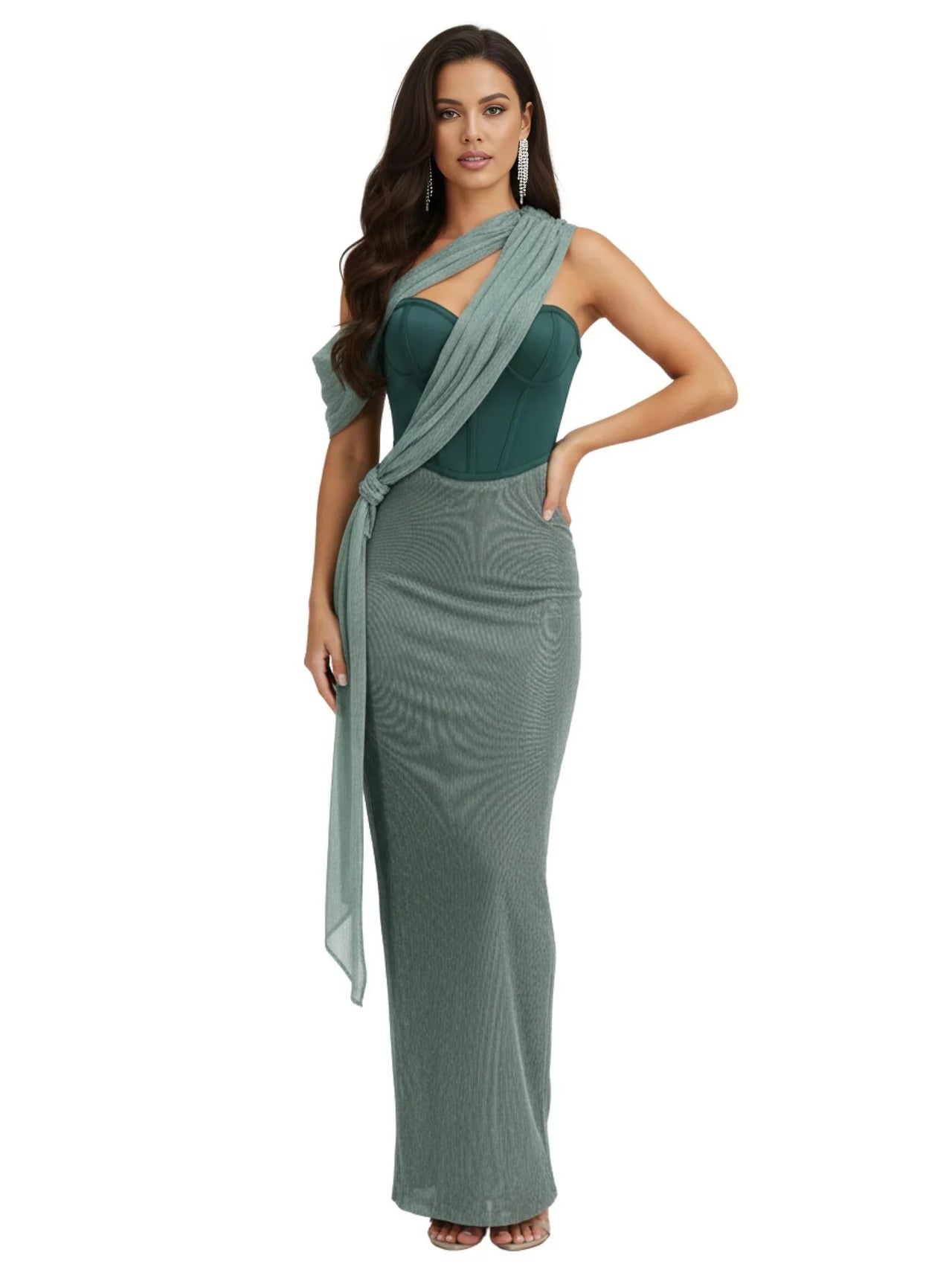 Woman wearing a green dress on a white background