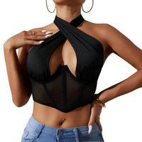 Thumbnail for Women's Sexy Sleeveless Cross Halter Fishbone Corset Crop Top, Drestiny, Casual Shirts, Corsets, Crop Tops, Black, White, Purple, XS, S, M, L, Gender_Women, United States, Sleeveless, USA, Canada, Australia, New Zealand, United Kingdom, UK, fishbone corset top, halter crop top sexy, sleeveless cross halter top, crop top womens, shopdrestiny.com