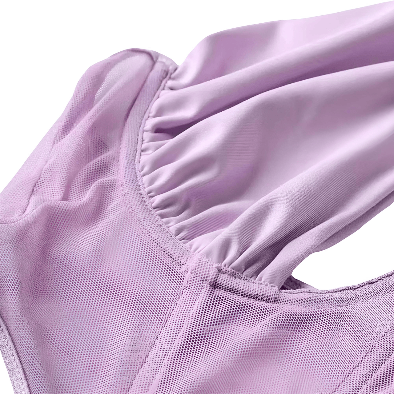 Close-up of a lavender ballet outfit with mesh panels on a white background