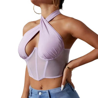 Thumbnail for Women's Sexy Sleeveless Cross Halter Fishbone Corset Crop Top, Drestiny, Casual Shirts, Corsets, Crop Tops, Black, White, Purple, XS, S, M, L, Gender_Women, United States, Sleeveless, USA, Canada, Australia, New Zealand, United Kingdom, UK, fishbone corset top, halter crop top sexy, sleeveless cross halter top, crop top womens, shopdrestiny.com