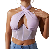 Thumbnail for Women's Sexy Sleeveless Cross Halter Fishbone Corset Crop Top, Drestiny, Casual Shirts, Corsets, Crop Tops, Black, White, Purple, XS, S, M, L, Gender_Women, United States, Sleeveless, USA, Canada, Australia, New Zealand, United Kingdom, UK, fishbone corset top, halter crop top sexy, sleeveless cross halter top, crop top womens, shopdrestiny.com