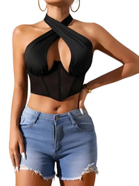 Thumbnail for Women's Sexy Sleeveless Cross Halter Fishbone Corset Crop Top, Drestiny, Casual Shirts, Corsets, Crop Tops, Black, White, Purple, XS, S, M, L, Gender_Women, United States, Sleeveless, USA, Canada, Australia, New Zealand, United Kingdom, UK, fishbone corset top, halter crop top sexy, sleeveless cross halter top, crop top womens, shopdrestiny.com
