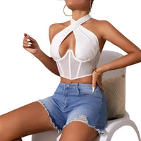 Thumbnail for Women's Sexy Sleeveless Cross Halter Fishbone Corset Crop Top, Drestiny, Casual Shirts, Corsets, Crop Tops, Black, White, Purple, XS, S, M, L, Gender_Women, United States, Sleeveless, USA, Canada, Australia, New Zealand, United Kingdom, UK, fishbone corset top, halter crop top sexy, sleeveless cross halter top, crop top womens, shopdrestiny.com