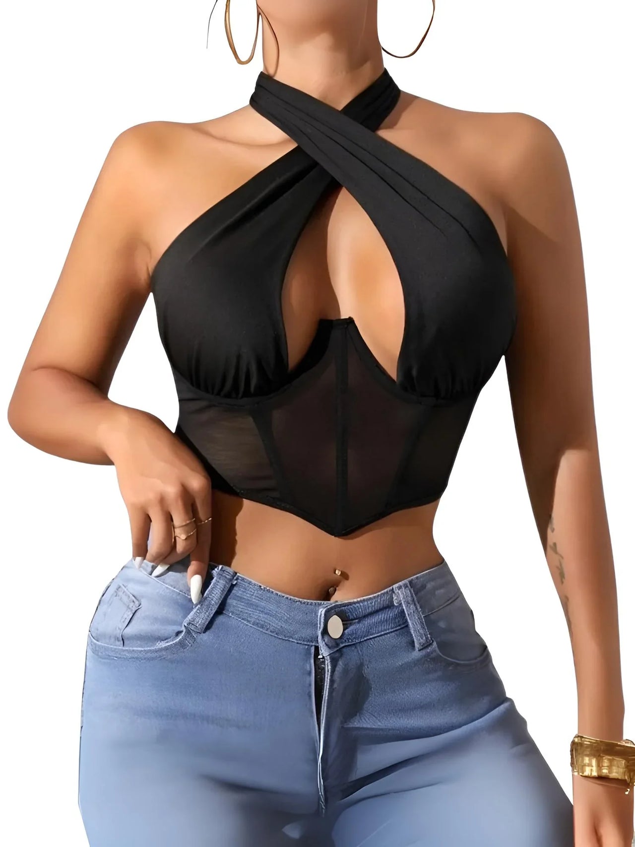 Black halter top with sheer details worn by a person, paired with blue jeans on a white background.