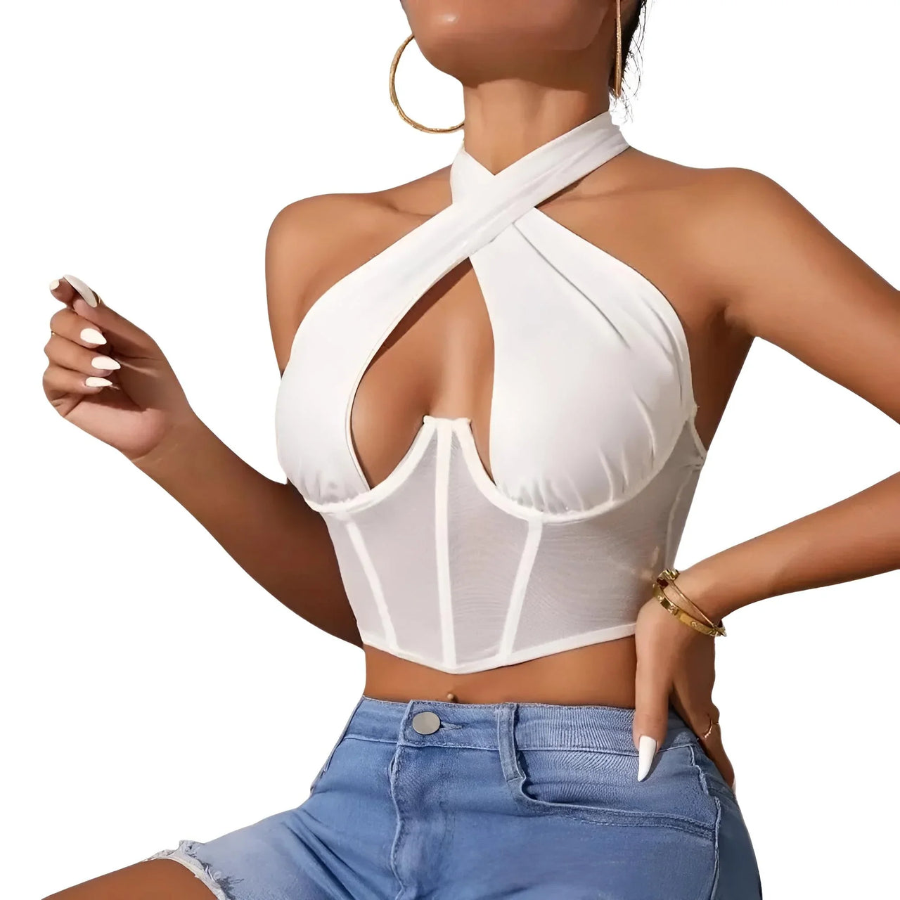 White crop top with mesh detail worn by a model on a white background