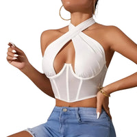 Thumbnail for White crop top with mesh detail worn by a model on a white background