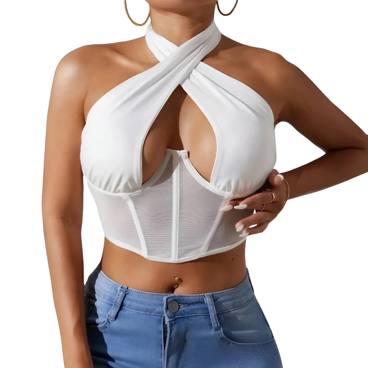 Women's Sexy Sleeveless Cross Halter Fishbone Corset Crop Top, Drestiny, Casual Shirts, Corsets, Crop Tops, Black, White, Purple, XS, S, M, L, Gender_Women, United States, Sleeveless, USA, Canada, Australia, New Zealand, United Kingdom, UK, fishbone corset top, halter crop top sexy, sleeveless cross halter top, crop top womens, shopdrestiny.com
