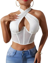 Thumbnail for Women's Sexy Sleeveless Cross Halter Fishbone Corset Crop Top, Drestiny, Casual Shirts, Corsets, Crop Tops, Black, White, Purple, XS, S, M, L, Gender_Women, United States, Sleeveless, USA, Canada, Australia, New Zealand, United Kingdom, UK, fishbone corset top, halter crop top sexy, sleeveless cross halter top, crop top womens, shopdrestiny.com