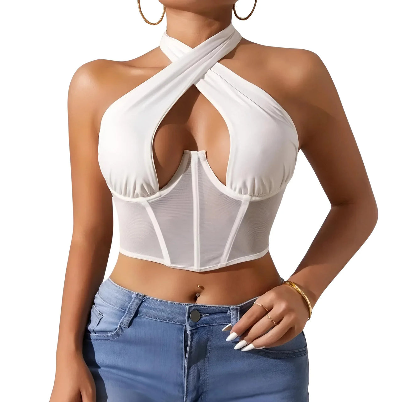 White halter top worn by a person on a white background
