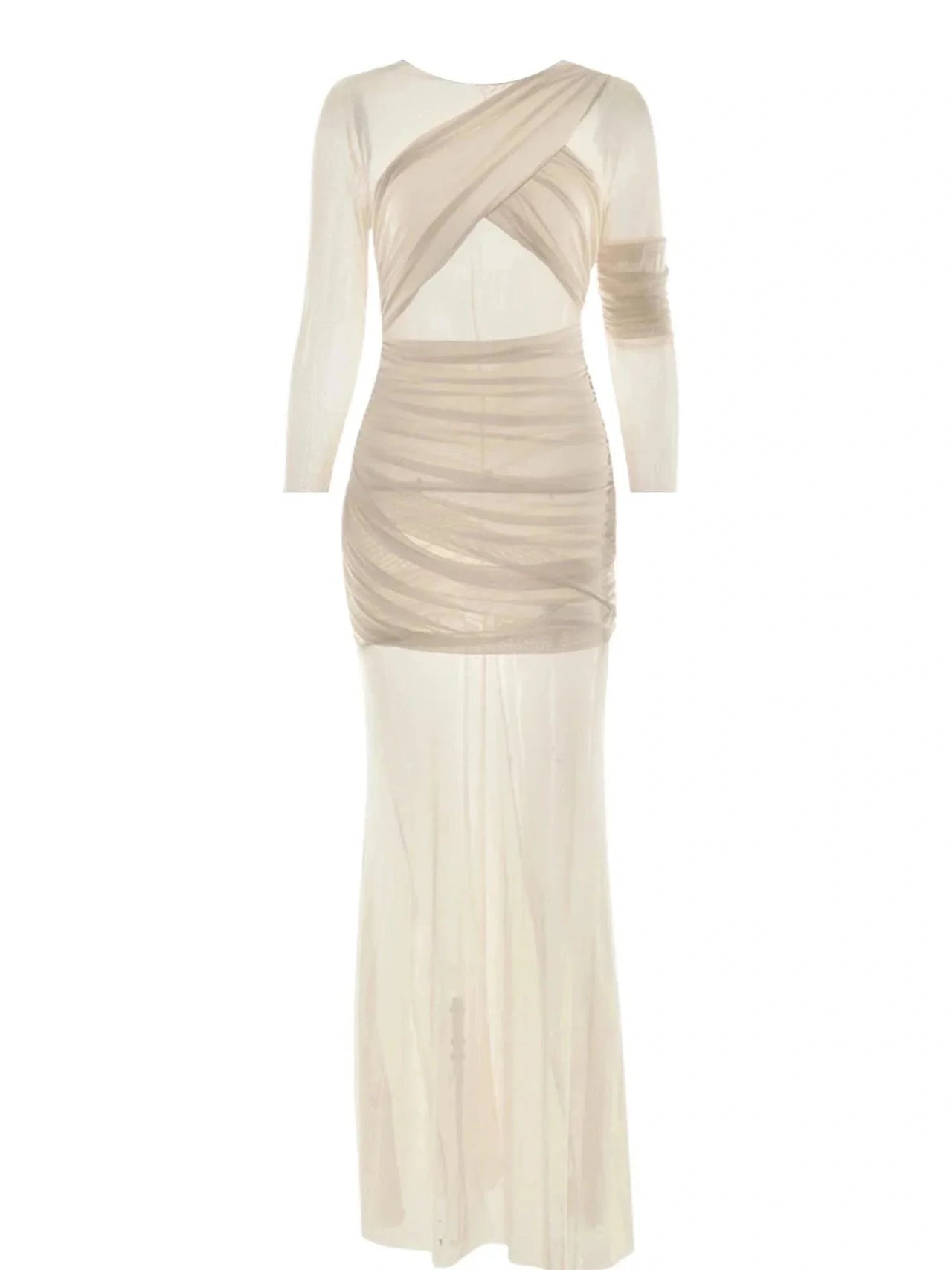 Beige evening gown with sheer sleeves on a white background