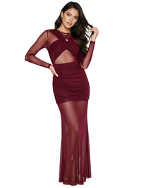 Thumbnail for Woman wearing a burgundy dress with sheer panels on a white background