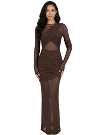 Thumbnail for Brown dress with mesh panels worn by a model on a white background