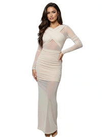 Thumbnail for Woman wearing a beige dress with sheer mesh panels on a white background