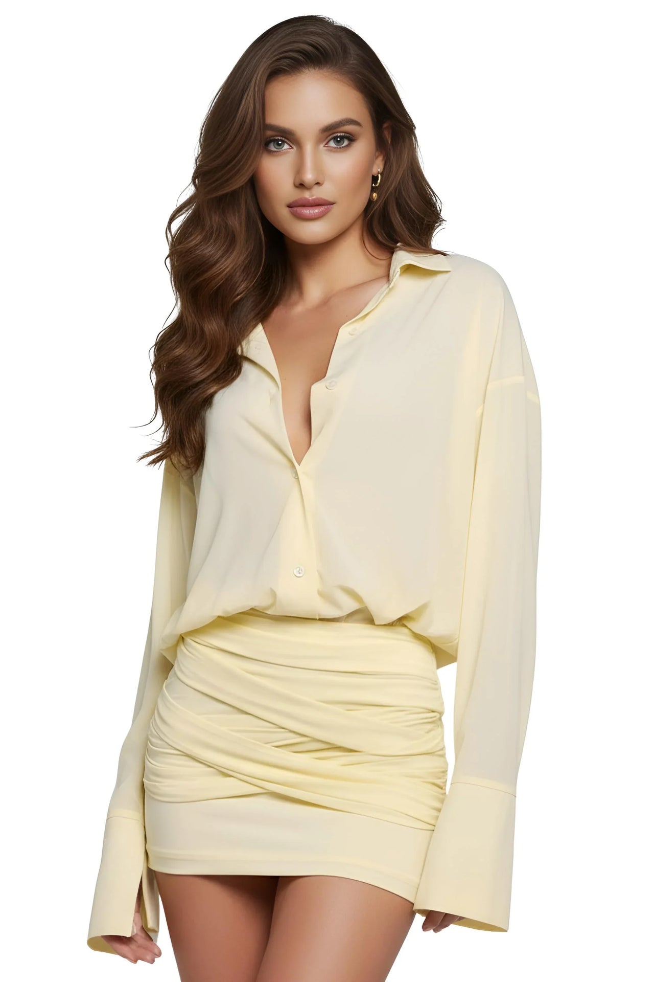 Woman wearing a light yellow dress on a white background
