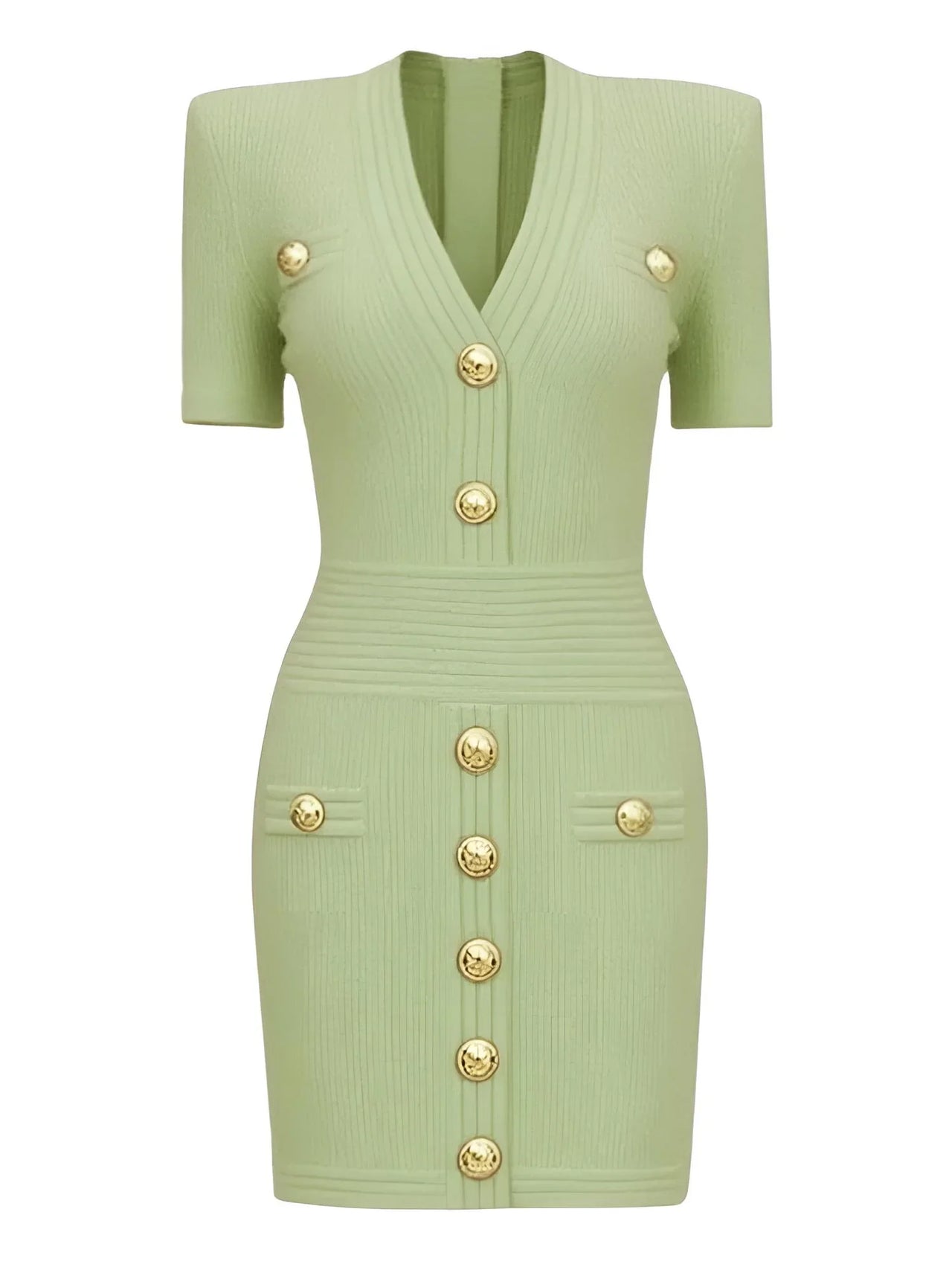 Light Green ribbed dress with gold buttons on a white background