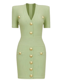 Thumbnail for Light Green ribbed dress with gold buttons on a white background
