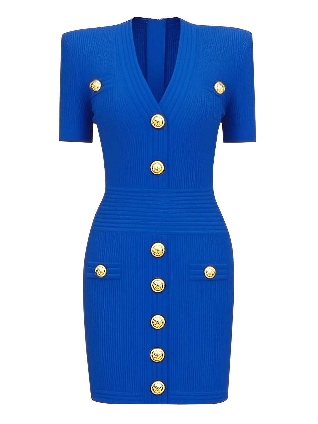 Blue midi dress with gold buttons on a white background