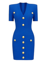 Thumbnail for Blue midi dress with gold buttons on a white background