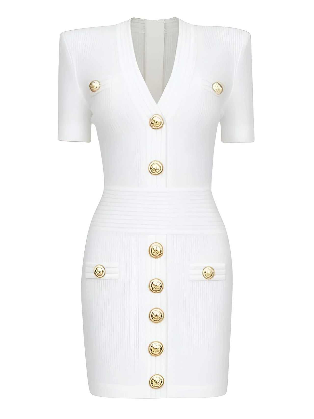 White midi dress with gold buttons on a white background