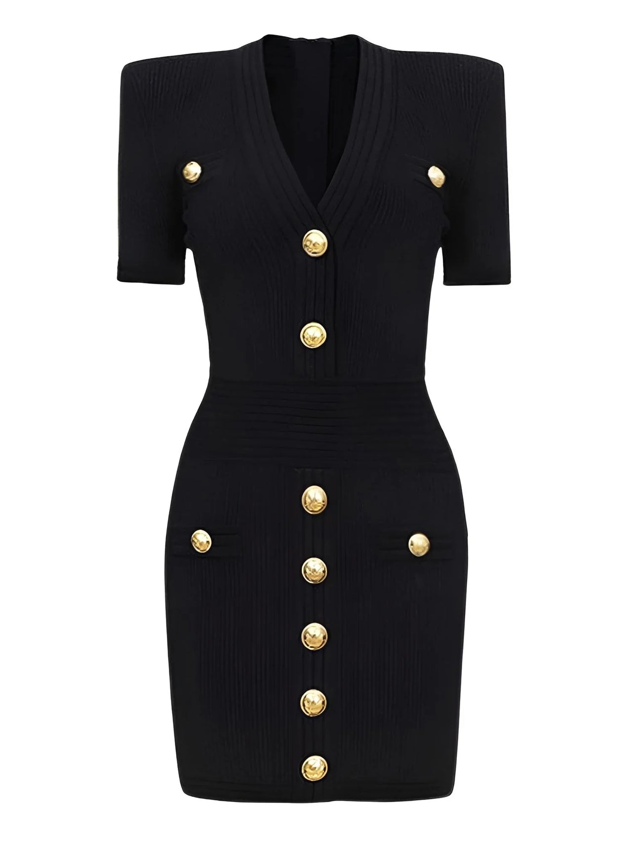 Black midi dress with gold buttons on a white background