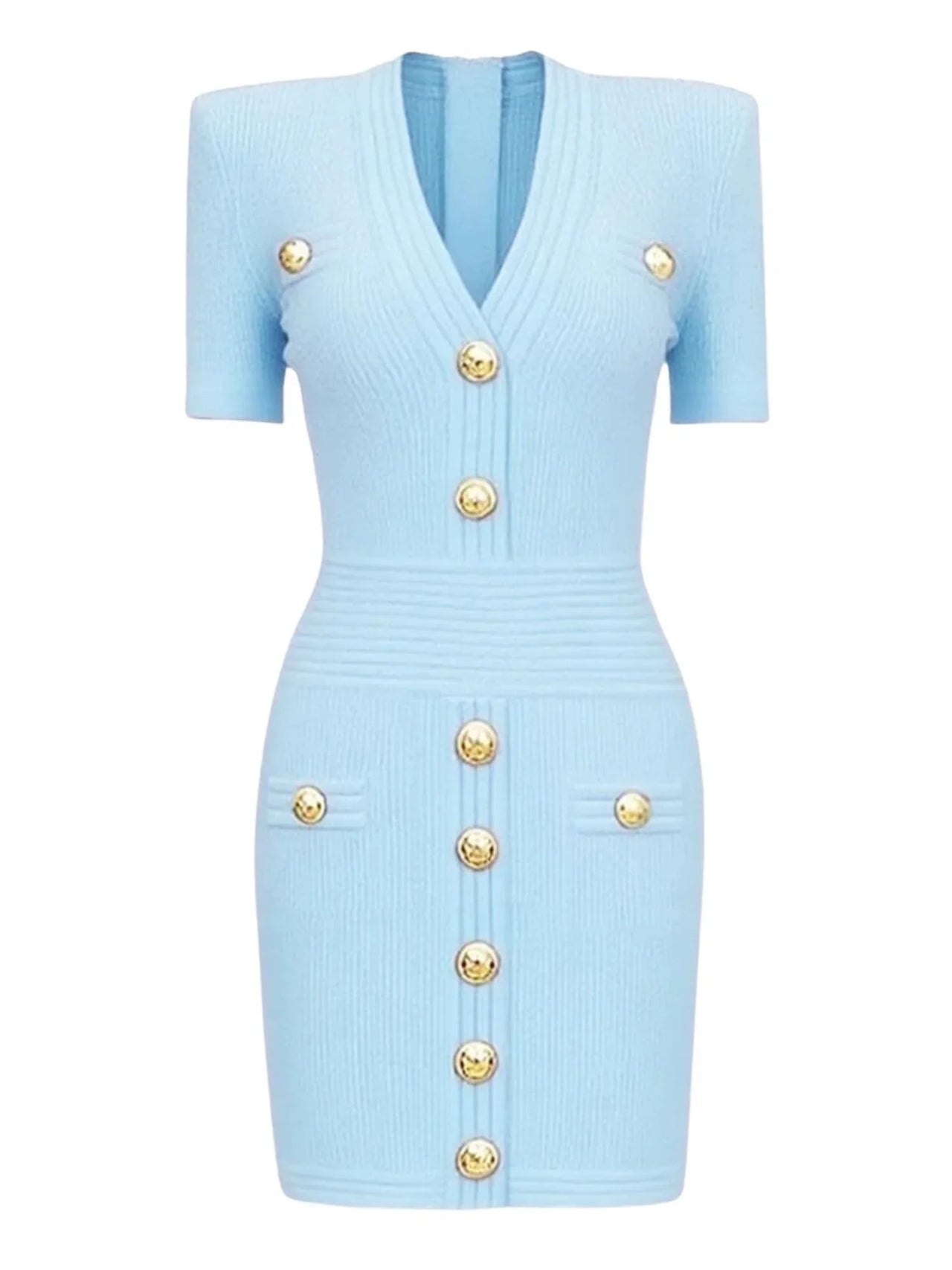 Light blue midi dress with gold buttons on a white background